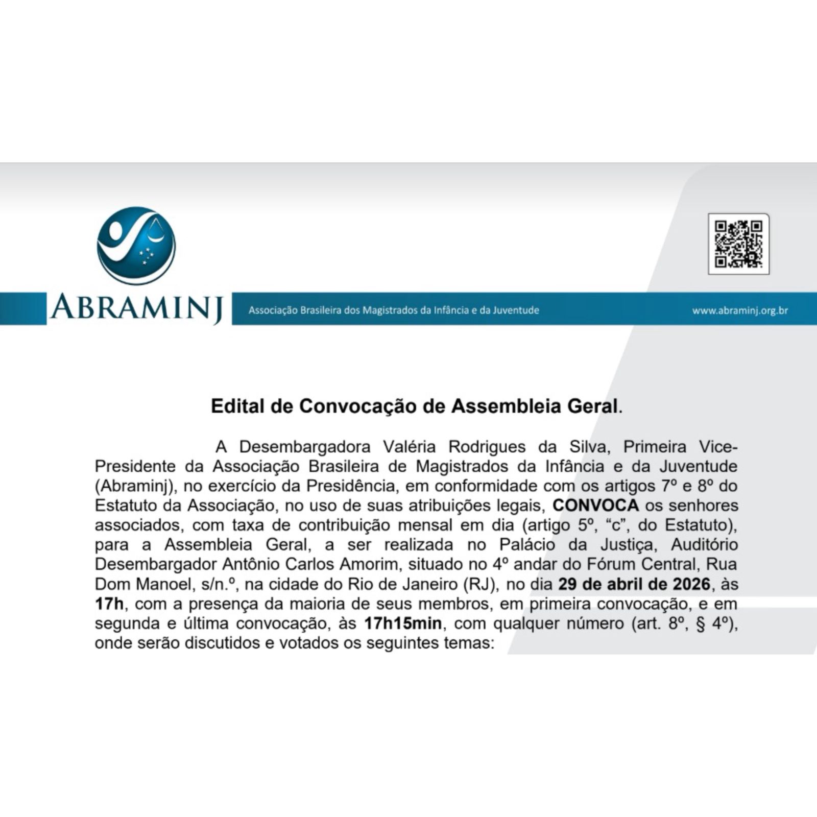 Edital de convocação anuncia Assembleia Geral da Abraminj em abril